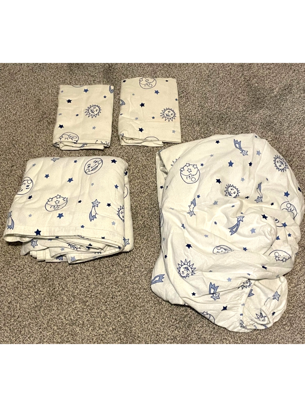 Vintage Sears Queen Sheet Set White Flannel Moon Star Sun Celestial 90s READ
